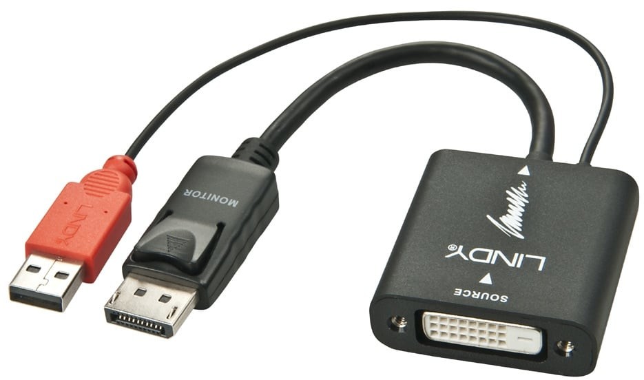 Lindy 38145 Konwerter adapter przejściówka sygnału DVI-D na Display Port z dodatkowym zasilaniem USB LY-38145