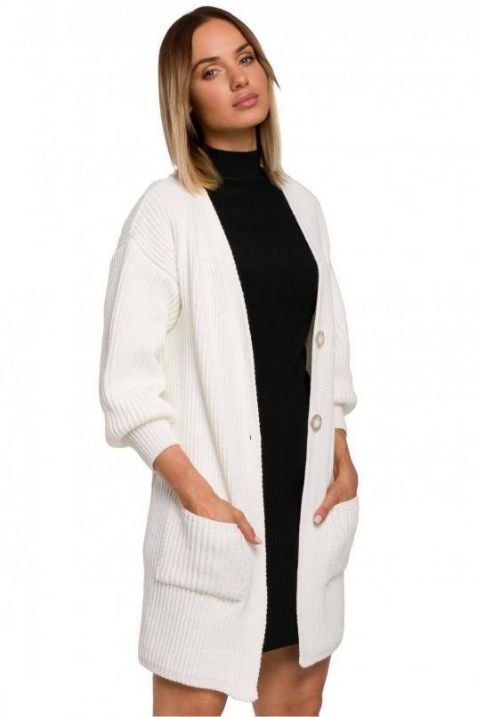 SukienkiShop Długi kardigan sweter z kieszeniami i bufiastymi rękawami ecru - SukienkiShop