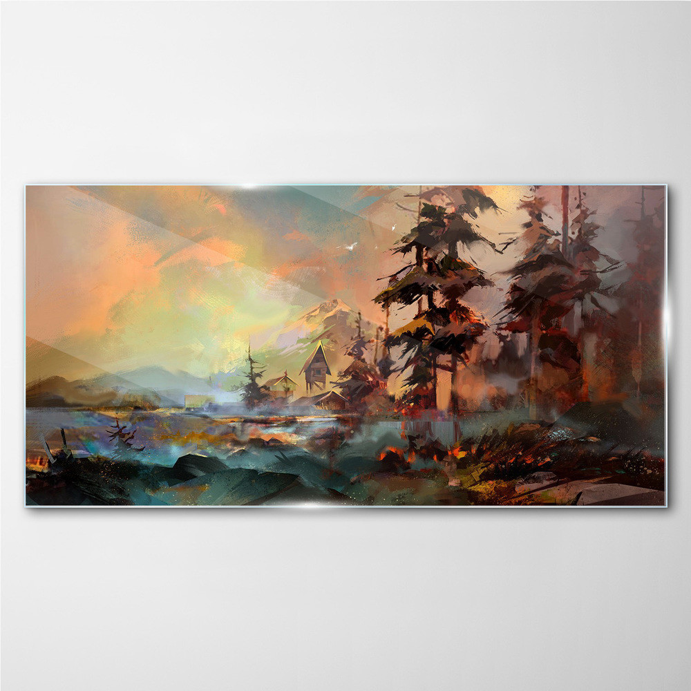 PL Coloray Obraz Szklany Malarstwo drzewa wieś góry 100x50cm