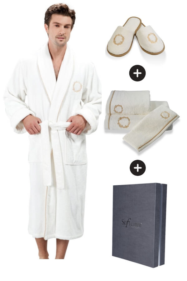 Soft Cotton Męski szlafrok SEHZADE w ozdobnym opakowaniu + ręcznik + kapcie L + kapcie (42/44) + ręcznik + box Śmietankowy / złoty haft 2828_set3