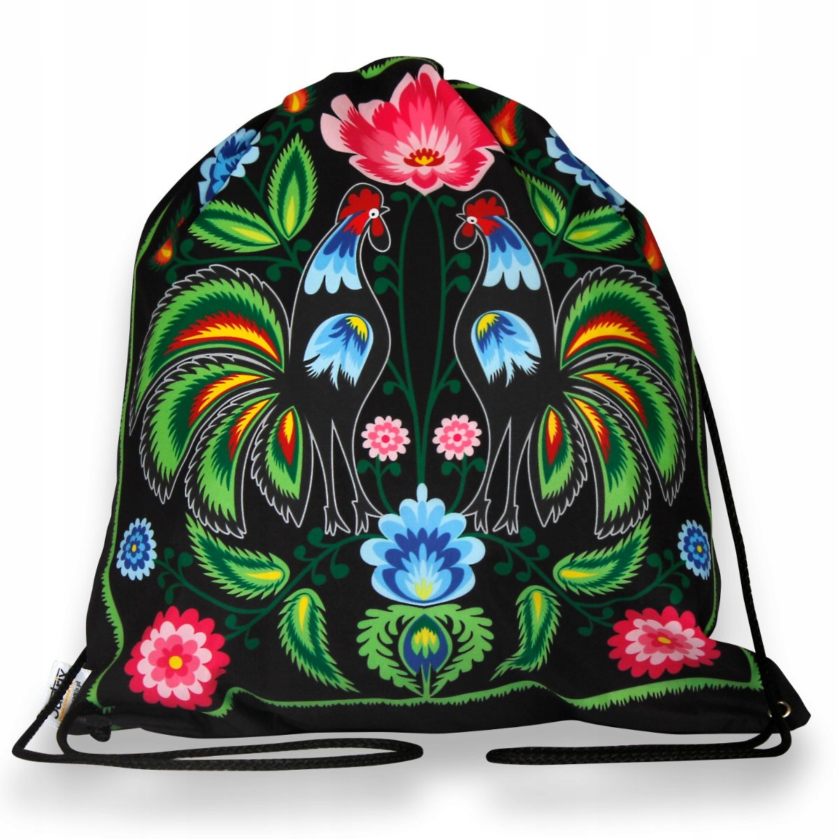 Plecak / worek folk łowicki koguty zielone czarny