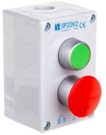 Spamel Spółdzielnia Inwalidów Kaseta sterownicza 2-otworowa zielony/przycisk grzybkowy czerwony 1Z 1R IP65 szara SP22K2\03-2