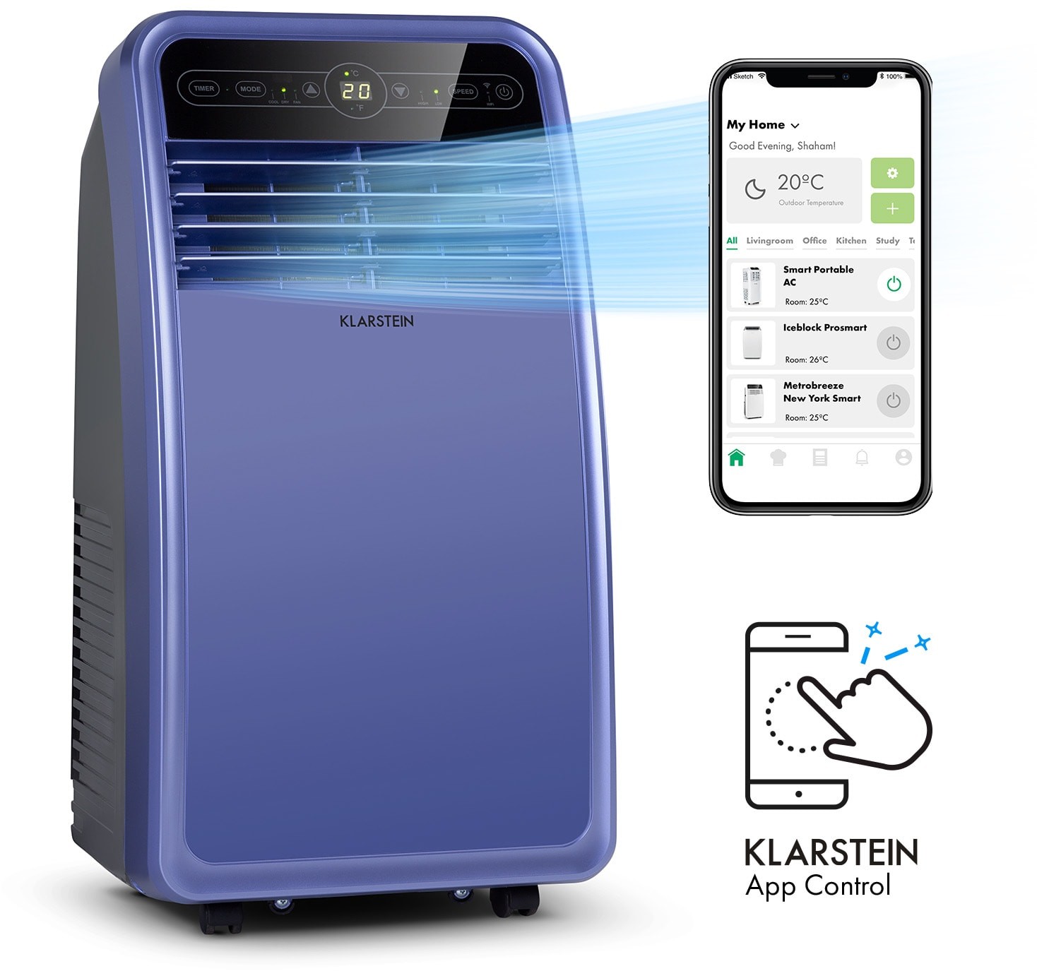 Klarstein Metrobreeze New York Smart 7k, klimatyzator przenośny, 7000 BTU/2,1 kW, klasa efektywności energetycznej A, pilot zdalnego sterowania DXJ2-MtrbrzNYSmrt7BL