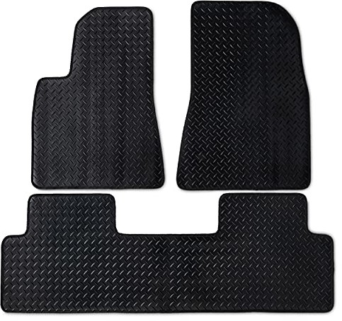 Safe Travel Safe Travel Wytrzymałe gumowe dywaniki samochodowe z klipsami mocującymi, grubość 3 mm, czarne z czarną krawędzią, idealne dopasowanie do modelu Tesla, 4-częściowy zestaw AMZ/STDRUBBER/LHD/4348