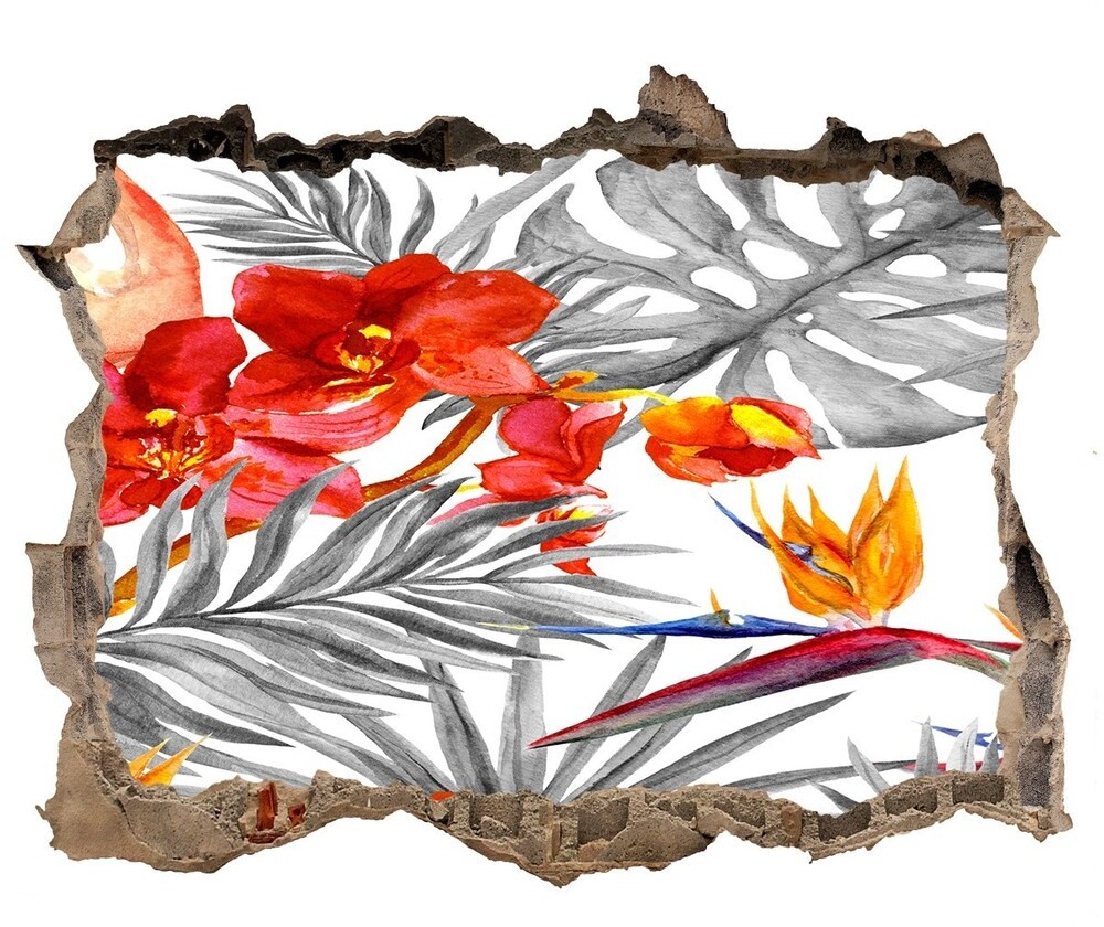 Wallmuralia.pl Dziura 3d fototapeta naklejka Flamingi i kwiaty