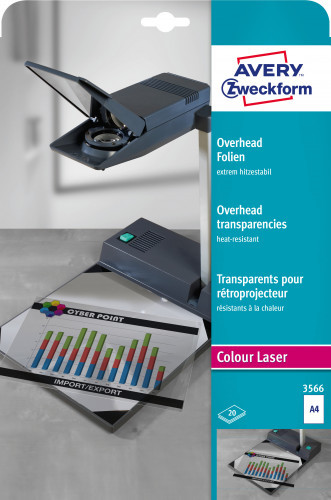 Avery Zweckform Folie do rzutników (do kolorowych drukarek laserowych); A4, 20 szt./op., powlekane, grubość 0,13 mm, Avery Zweckform 3566