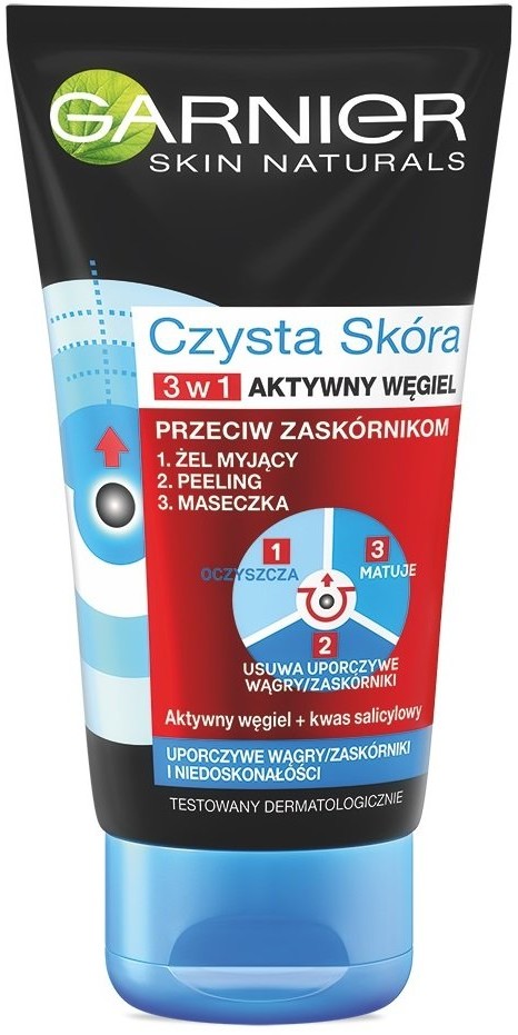 Garnier Czysta Skóra Aktywny Węgiel, żel myjący do twarzy 3w1, 150 ml