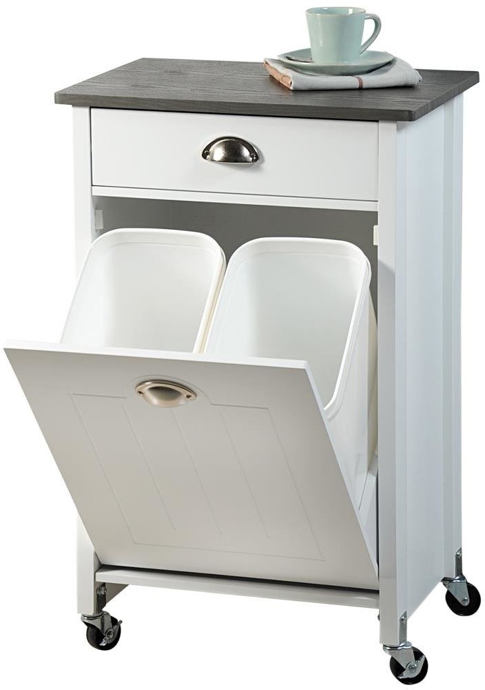 Biały wózek kuchenny wyposażony w kosz do segregacji odpadów praktyczny i stylowy pomocnik kuchenny