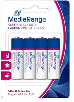 MediaRange mrbat144 bateria cynkowo-węglowa 1,5 V, nieładowana bateria baterie nieładowalne (cynkowo-węglowe, cylindryczne, 1,5 V, 4 szt. (S), AA, 540 mAh) MRBAT144