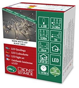 Konstsmide 6387  100 łańcuch świetlny LED kropla/do użytku wewnątrz pomieszczeń (IP20)/100 ciepłe białe diody/3 V wewnętrzny transformator/drutu czarna 6387-100