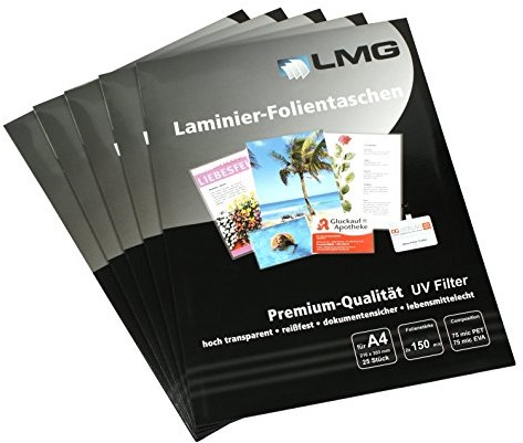 LMG lmg lmga4  150uv-25 foliami do laminowania format A4, 216 X 303 MM, 2 X 150 Mic odpornym na promienie UV Filter, 25 sztuki A4-150UV-25