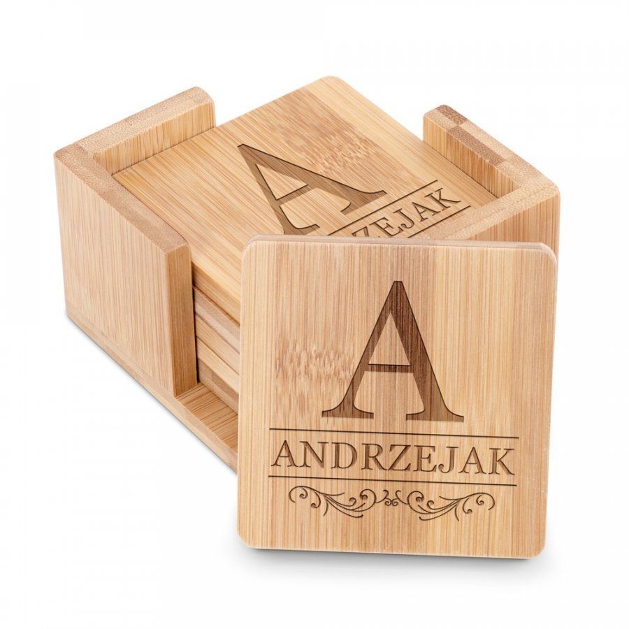 Murrano Podkładki bambusowe pod piwo kawę zestaw x6 grawer inicjał nazwisko PDK-BMB-027