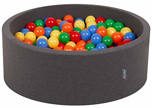KiddyMoon basen z piłkami 90 x 30 cm / 200 piłek  7 cm basen z kolorowymi piłkami dla niemowląt, okrągły, ciemnoszary: żółto-zielono-niebiesko-czerwono-pomarańczowy