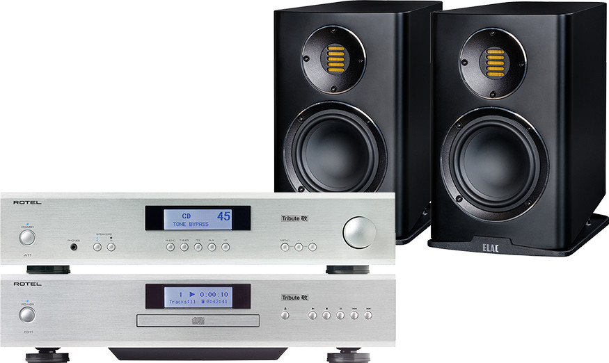 Rotel A11 Tribute srebrny) + CD11 Tribute srebrny) + ELAC Carina BS 243.4 czarny)