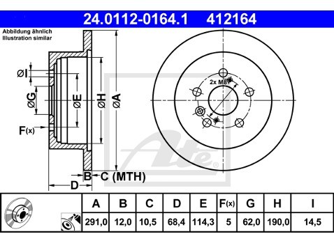 ATE TARCZA HAM 24.0112-0164.1 TOYOTA AVENSIS VERSO 2.0D-4D, 2.0VVT-I 01-, PREVIA 2.0D-4D 01-  24.0112-0164.1