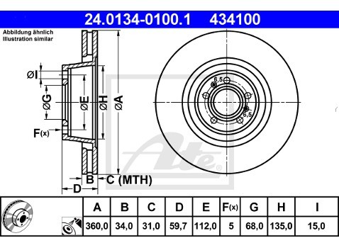 ATE TARCZA HAM 24.0134-0100.1 AUDI A8 S8 QUATTRO 99-02, 2.8FSI 07-  24.0134-0100.1