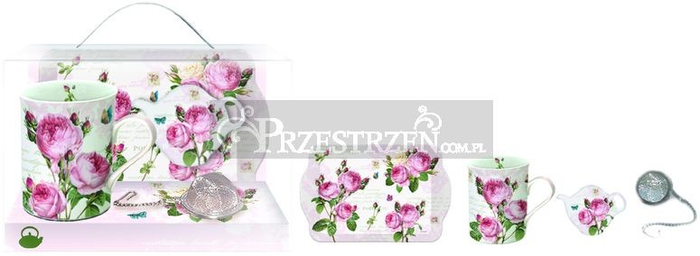 Nuova Cer Easy life r2s KUBEK PORCELANOWY, PODSTAWKA I TACKA - Róże - Romantic Roses (306 RMR) KOMPLET 306 RMR