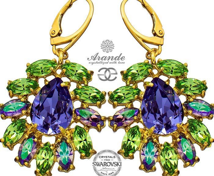 Swarovski Przepiękne Kolczyki Azure Green Złote Srebro