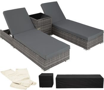 TecTake 2 leżaki z technorattanu + stół + pokrowiec szary 403088