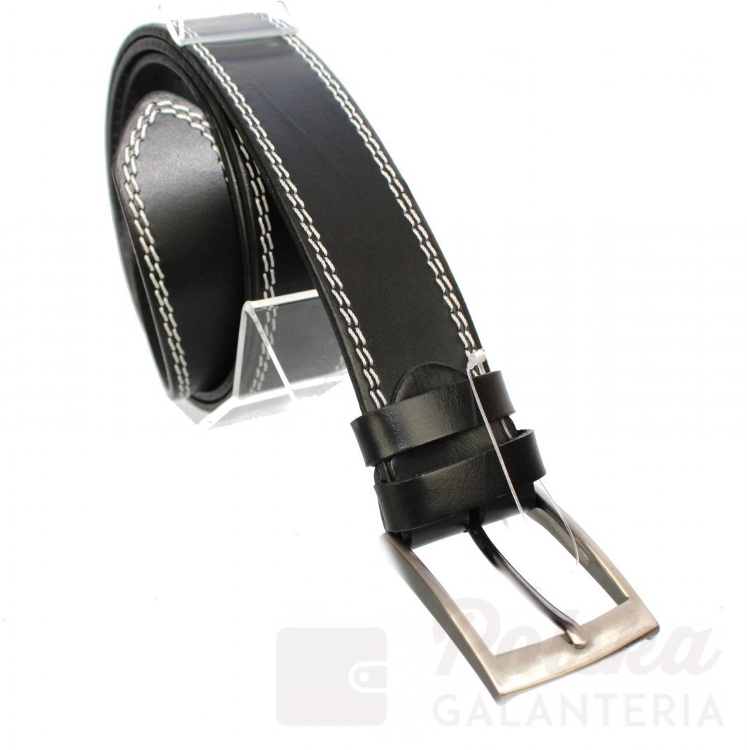 Pas-Max (PL) Pasek Męski Skórzany (PL) Skóra Licowa EXTRA 40 mm Czarny Z Podwójną Białą Nitką