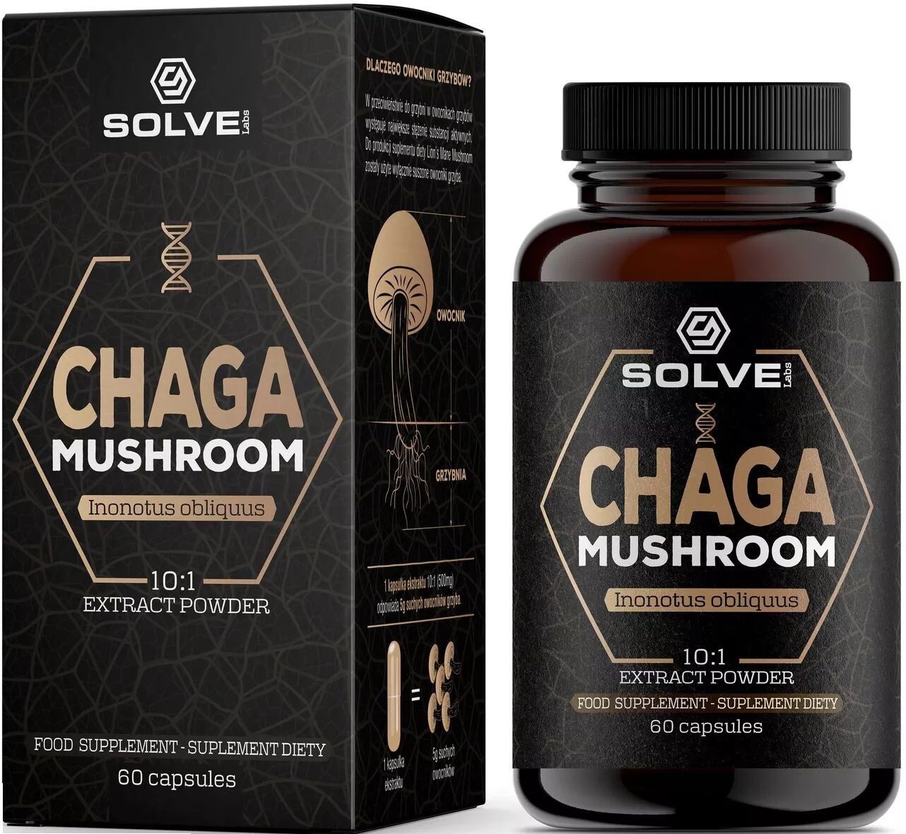 Solve Labs Chaga - ekstrakt z owocników błyskoporka podkorowego w kapsułkach - Extract Powder Solve Labs (Chaga Mushroom Powder in Capsules)