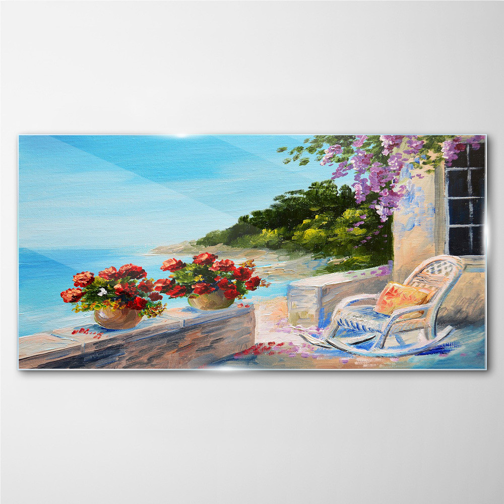 PL Coloray Obraz na Szkle Wybrzeże Kwiaty Morze Niebo 100x50cm
