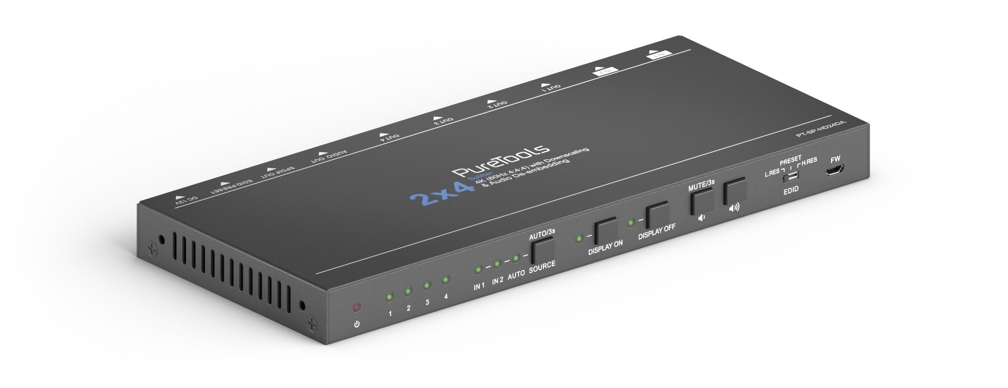 Purelink PT-SP-HD24DA rozdzielacz 2x4 HDMI 4K 18Gb/s z funkcją skalera i usuwania zakłóceń audio PT-SP-HD24DA