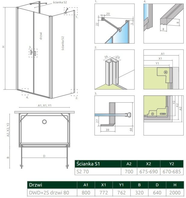 Radaway Nes DWD+2S 70x80x70cm szkło przejrzyste 10040070-01-01/10035080-01-01/10040070-01-01