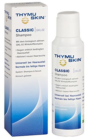 Thymuskin Szampon thymu Skin Classic przed utratą do włosów dla kobiet i mężczyzn aktywuje nowe środki do wzrostu włosów dzięki potwierdzone badania kliniczne brak efektów ubocznych 100 ML 4260170680068
