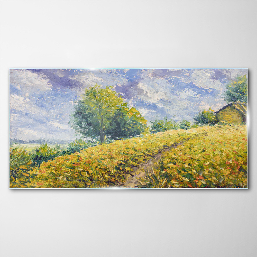 PL Coloray Obraz na Szkle wzgórze łąka drzewa niebo 100x50cm