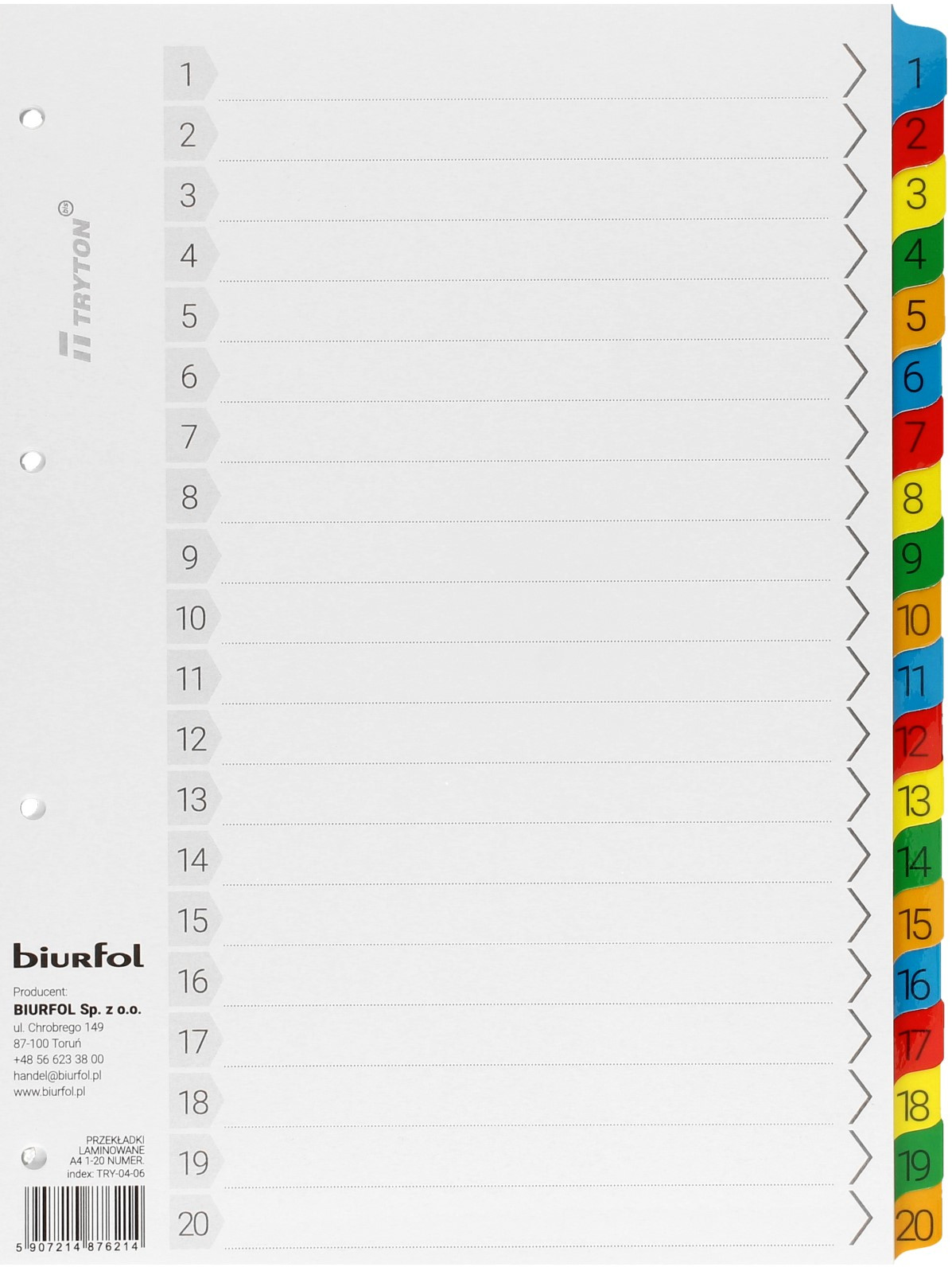 BIURFOL Przekładki kartonowe A4 1-20 numeryczne Biurfol