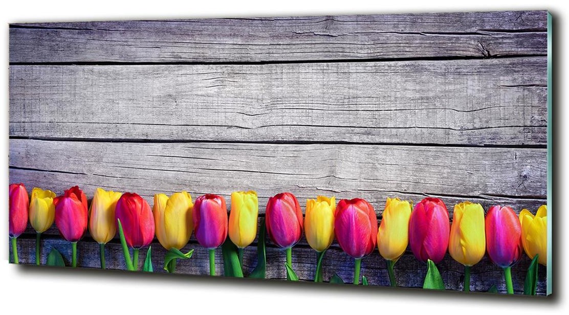 Foto obraz szklany Tulipany na drewnie