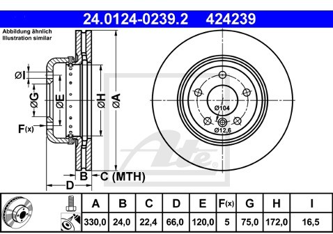ATE TARCZA HAM 24.0124-0239.2 BMW F10, F18, F11 2.0, 2.5, 3.0 10-  24.0124-0239.2