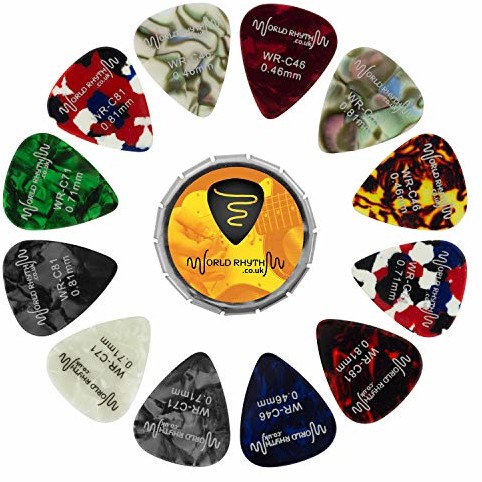 World Rhythm World Rhythm Kostka do gitary puszka i plektrony gitarowe - 12 kostek gitarowych o różnych grubościach, 0,46 mm, 0,71 mm, 0,81 mm WR-208 WR-208