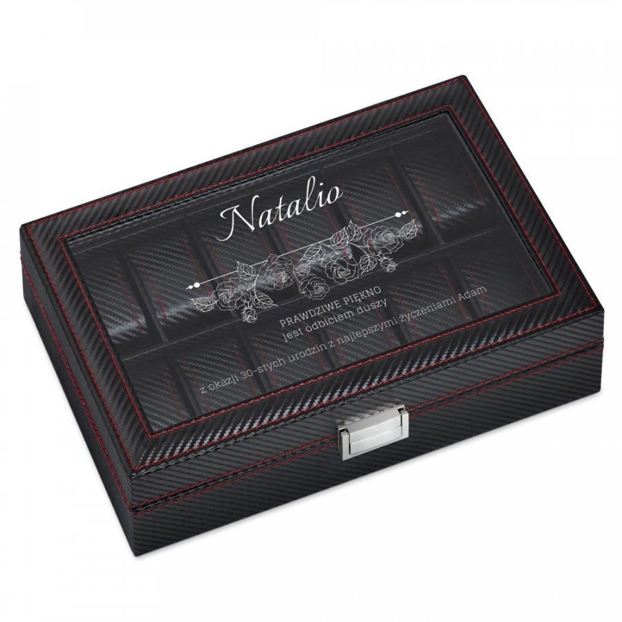 Murrano Karbonowa Szkatułka Kuferek na Zegarki GRAWER Róże SZKT-ZG-KB-012