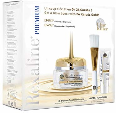 Rexaline X-treme Gold Radiance zestaw do pielęgnacji twarzy 50 ml maska regenerująca + 10 ml X-tream Renovator + pędzel