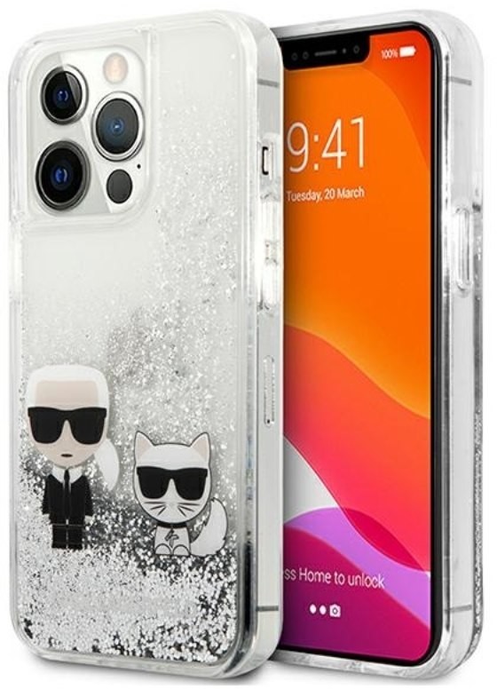 Karl Lagerfeld Liquid Glitter Karl & Choupette - Etui iPhone 13 Pro Max (srebrny) KLHCP13XGKCS