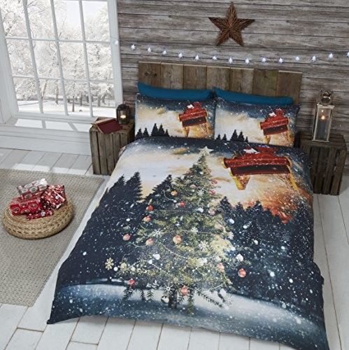 Rapport Christmas Tree zestaw pościeli z zamkiem poszewka na kołdrę i 2 poszewki na poduszkę, z motywem na Boże Narodzenie/SANTAS sanki, wielokolorowa, do łóżek dwuosobowych NTHLHT-DOUB-MULT