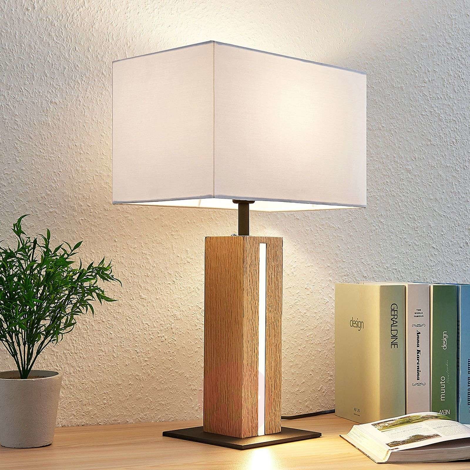 Lampenwelt com Materiałowa lampa stołowa Garry, drewno, prostokąt