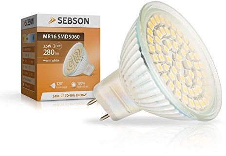 sebson MR16 lampa SMD LED o mocy 3,5 W, zamiennik tradycyjnych żarówek o mocy 30 W, gwint GU5,3, ciepła biała barwa światła, natężenie światła 280 lm, kąt świecenia 110°, zestaw 1-cz. MR16_SMD5060