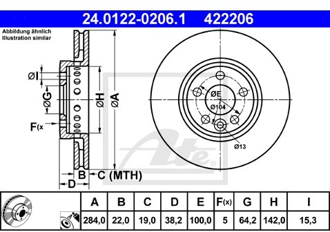 ATE TARCZA HAM 24.0122-0206.1 ROVER 75 1.8 99-, 1.8T 03-, 2.0CDT 99-, 2.0CDTI 03-, 2.0 V6 99-, 2.5 V6 01-  24.0122-0206.1