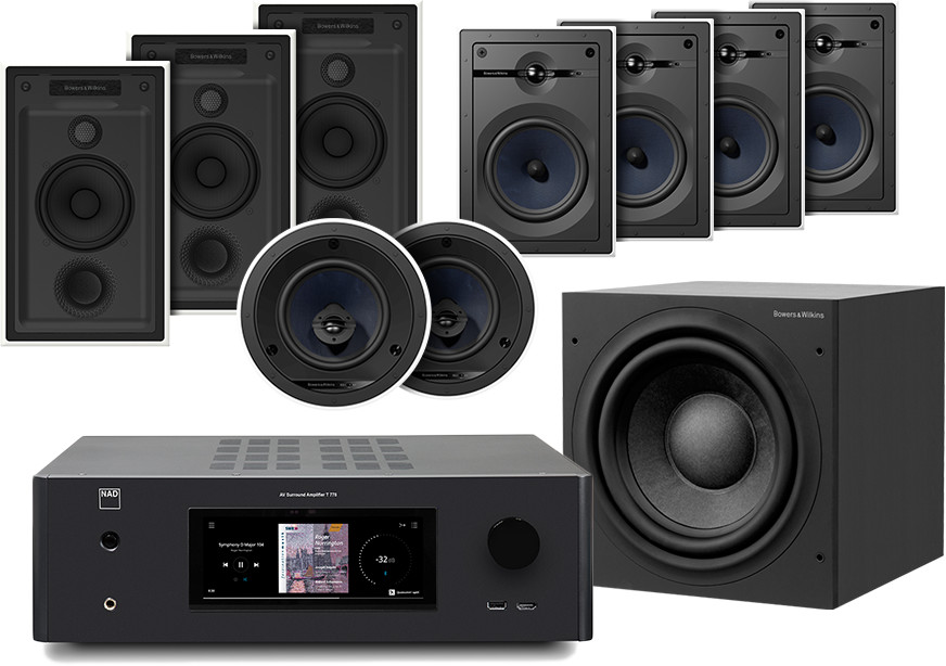 NAD T778 czarny + 3 x CWM7.5 S2 biały + 4 x CWM663 biały + 2 x CCM663 biały + ASW 608 czarny