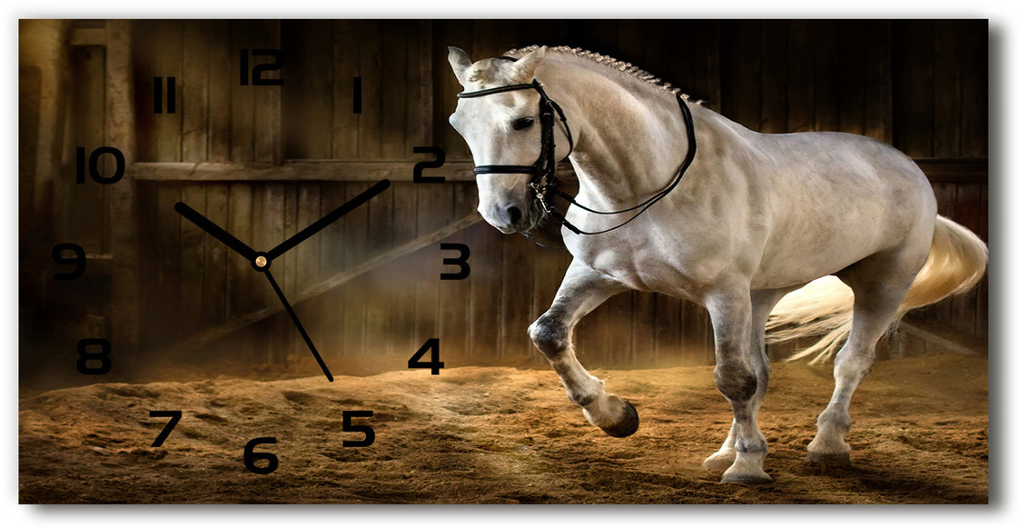 Zegar ścienny szklany Biały koń w stajni