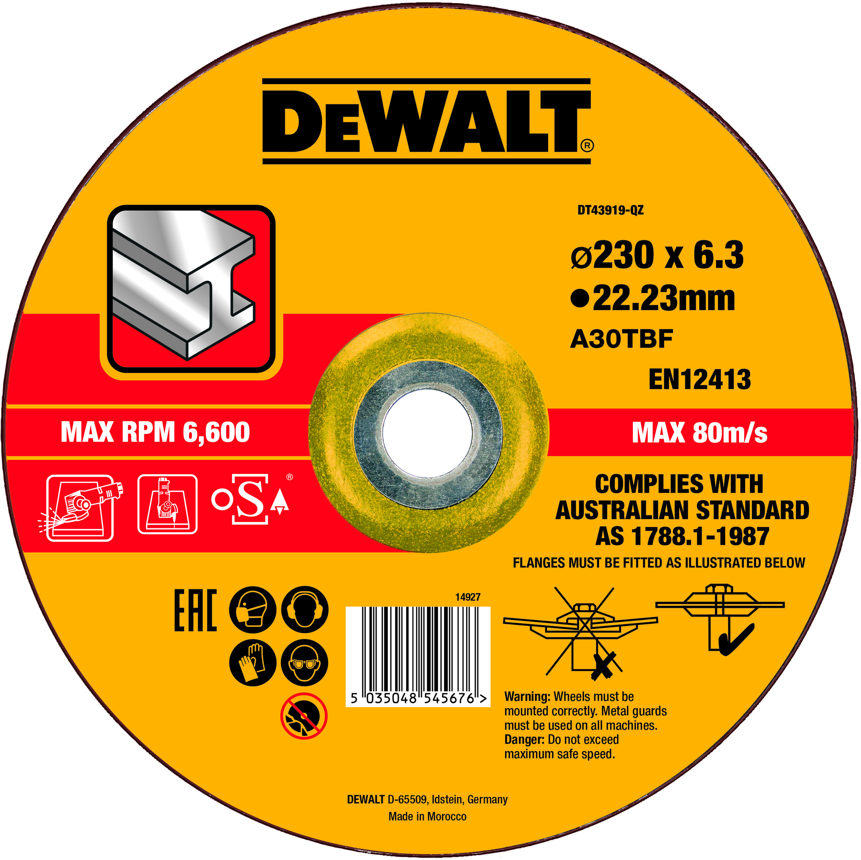 DeWalt tarcza do szlifowania metalu 230mm, grubość 6,3mm [DT43919] DT43919-QZ