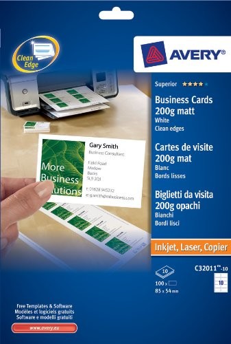 Avery Dennison Avery C32011  10 wizytówek, jednostronnie nadrukowana, 200 G/M, zapewnia drukarka laserowa/tusz do drukarki atramentowej, 100 sztuk C32011-10