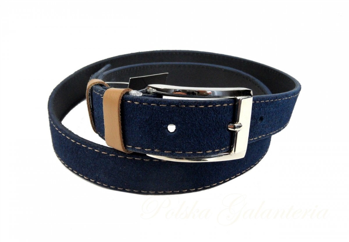 Complex (PL) Pasek Granatowy Z Beżową Nitką (PL) Skóra Naturalna Licowa Zamsz 30 mm