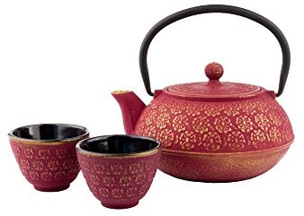Bredemeijer 455366 żeliwny zestaw do herbaty, dzbanek, 2 kubki i filtr, kolor czerwony, 20 x 10 x 10 cm G015PG