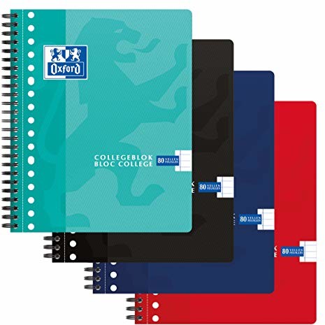 OXFORD Collegeblock / notatnik A5 w linie 160 stron, 90 g/m, 17 otworów, zestaw 5 sztuk, 4 kolory 400075588