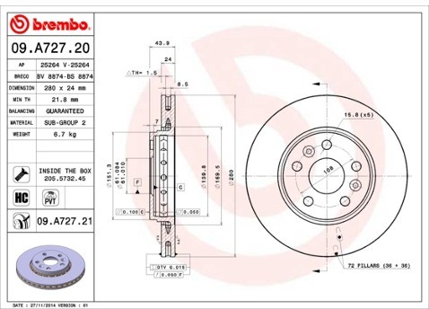 BREMBO Tarcza hamulcowa 09.A727.21