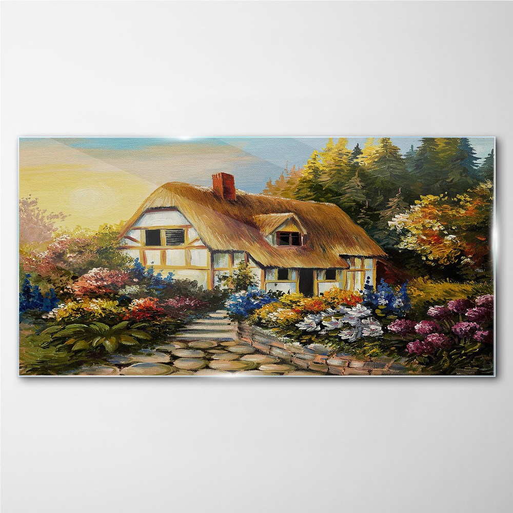 PL Coloray Obraz Szklany kwiaty drzewa chata wieś 100x50cm